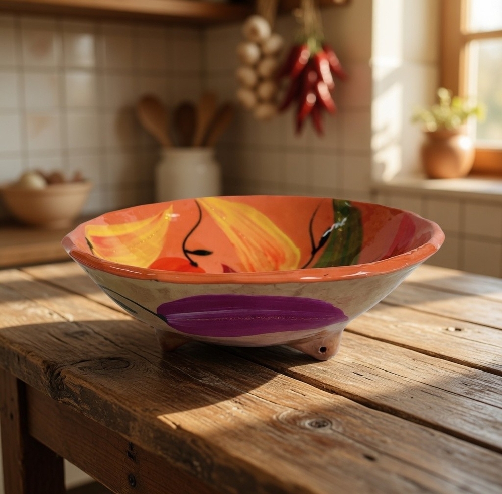 Vintage Mexican Clay Pottery Hand Painted Glazed Fruit Bowl 3-Footed Folk Art 6"